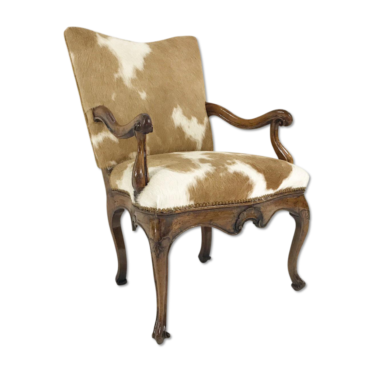 Circa 1770 Italian Walnut Armchair in Brazilian Cowhide
