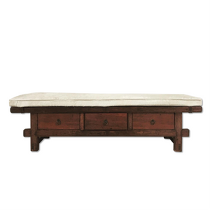 THREE-DRAWER RUSTIC BENCH WITH IVORY COWHIDE CUSHION - NO. 12