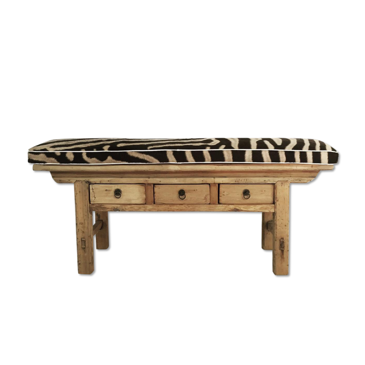 VINTAGE CHINESE 3-DRAWER RUSTIC BENCH WITH ZEBRA HIDE CUSHION - NO.15