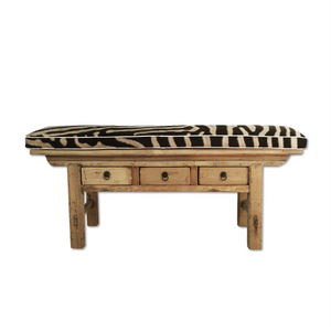VINTAGE CHINESE 3-DRAWER RUSTIC BENCH WITH ZEBRA HIDE CUSHION - NO.15