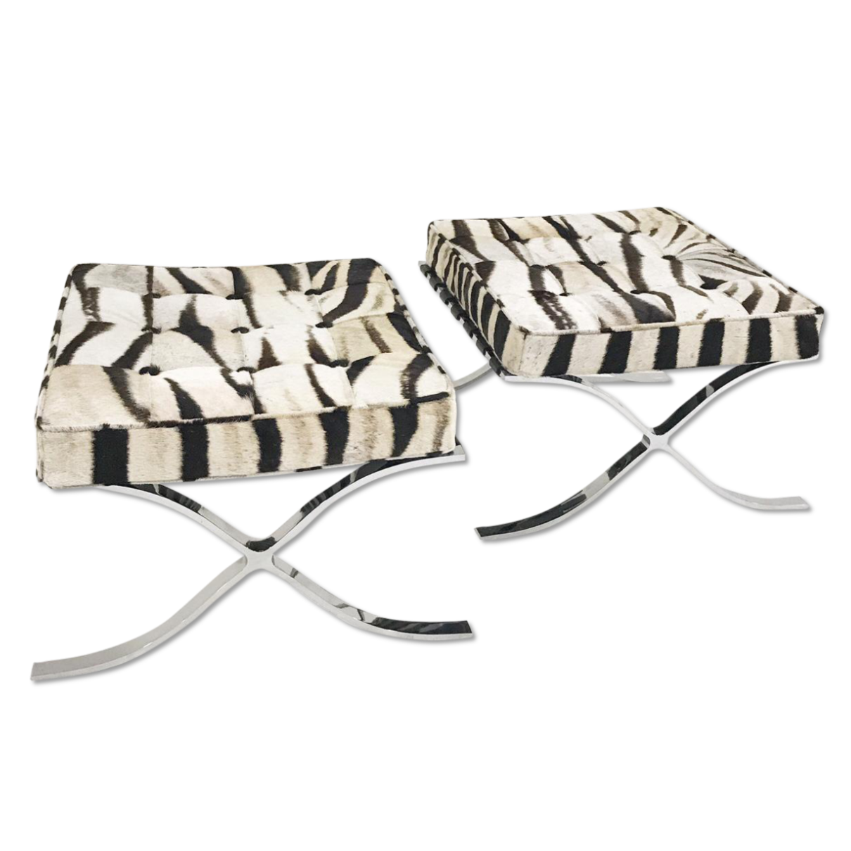 Pair of Barcelona Style Ottomans in Patchwork Zebra Hide