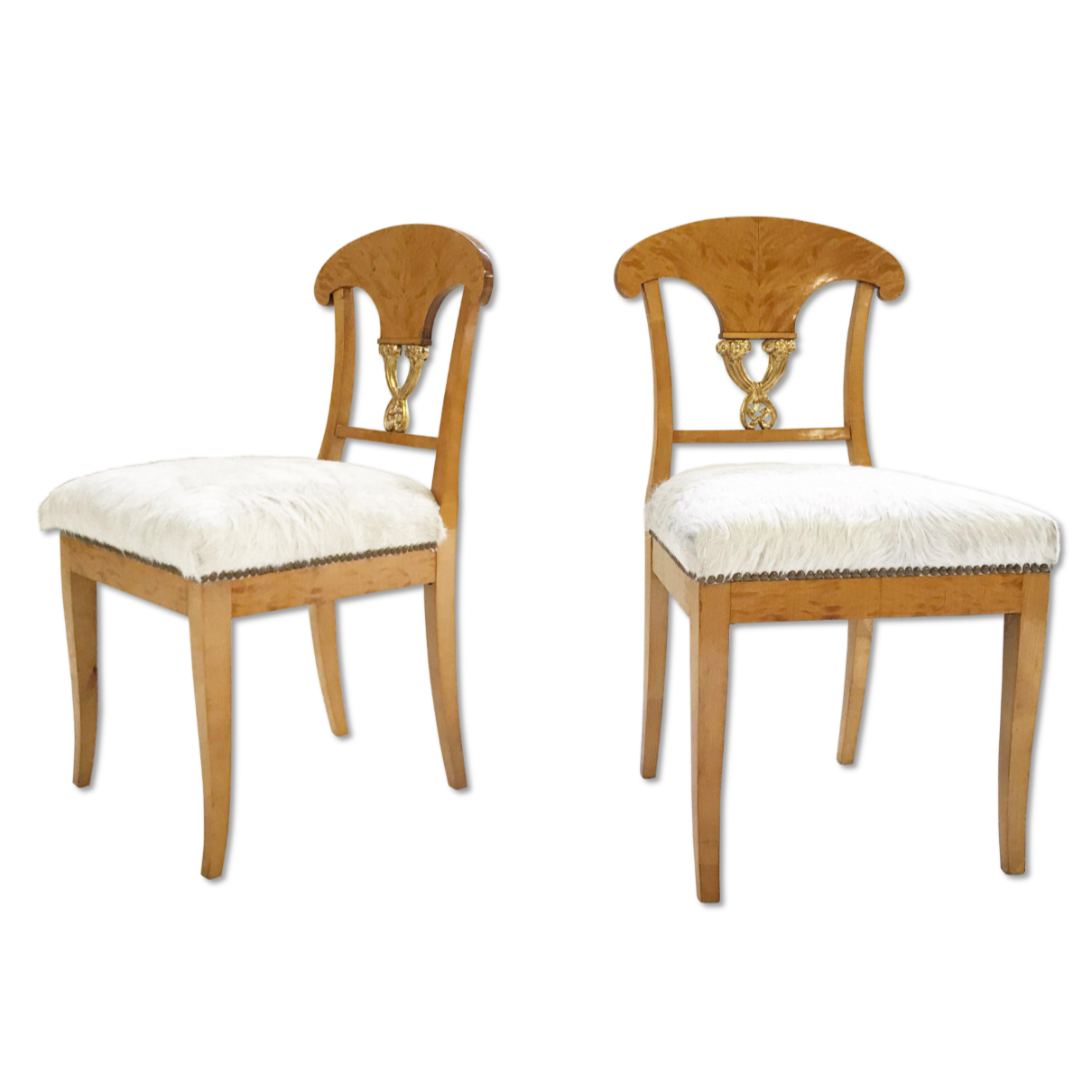 Circa 1820 Satin Birch Biedermeier Chairs in Brazilian Cowhide