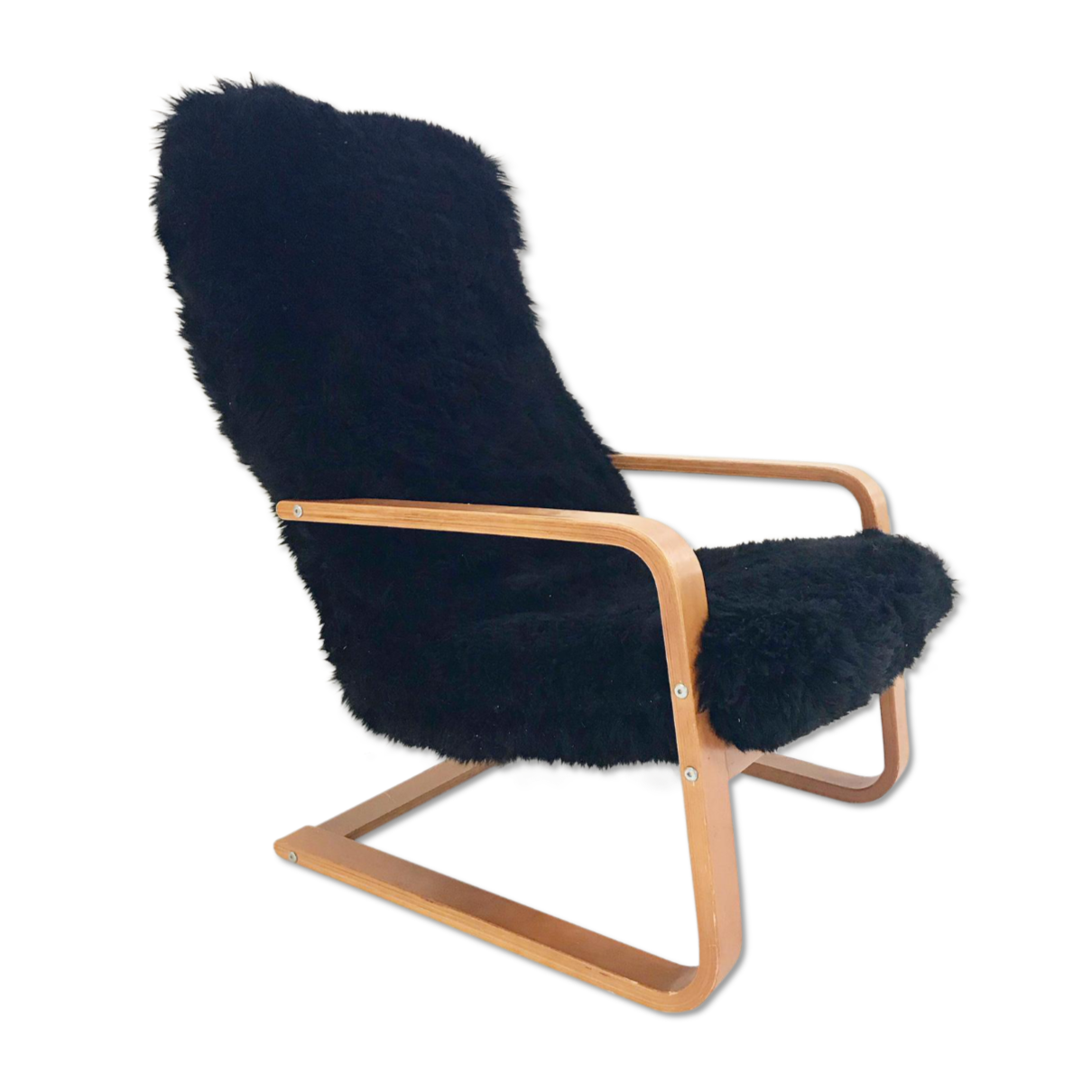 Mid-Century Lounge Chair in Black Brazilian Sheepskin