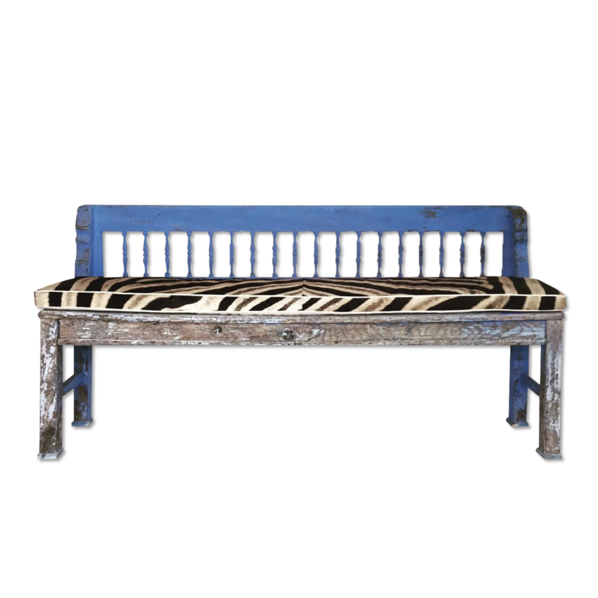 VINTAGE BLUE FARMHOUSE BENCH WITH ZEBRA HIDE CUSHION