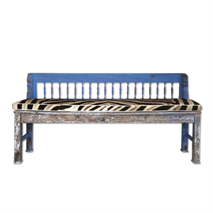 VINTAGE BLUE FARMHOUSE BENCH WITH ZEBRA HIDE CUSHION