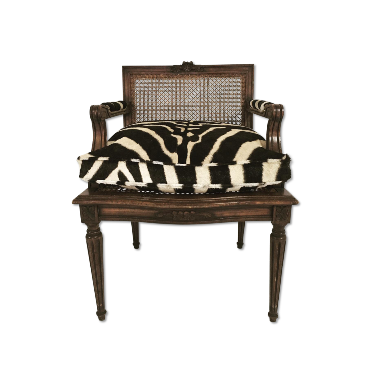 FRENCH LOUIS XVI STYLE BOUDOIR CHAIR WITH CANED BACK AND SEAT AND CUSTOM ZEBRA HIDE CUSHION