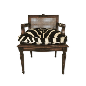 FRENCH LOUIS XVI STYLE BOUDOIR CHAIR WITH CANED BACK AND SEAT AND CUSTOM ZEBRA HIDE CUSHION