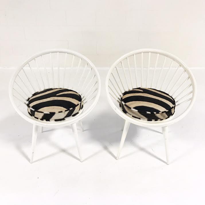 Pair of Yngve Ekstrom Circle Chairs Reupholstered in Zebra Hide