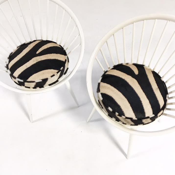 Pair of Yngve Ekstrom Circle Chairs Reupholstered in Zebra Hide