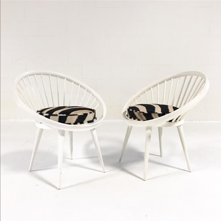 Pair of Yngve Ekstrom Circle Chairs Reupholstered in Zebra Hide