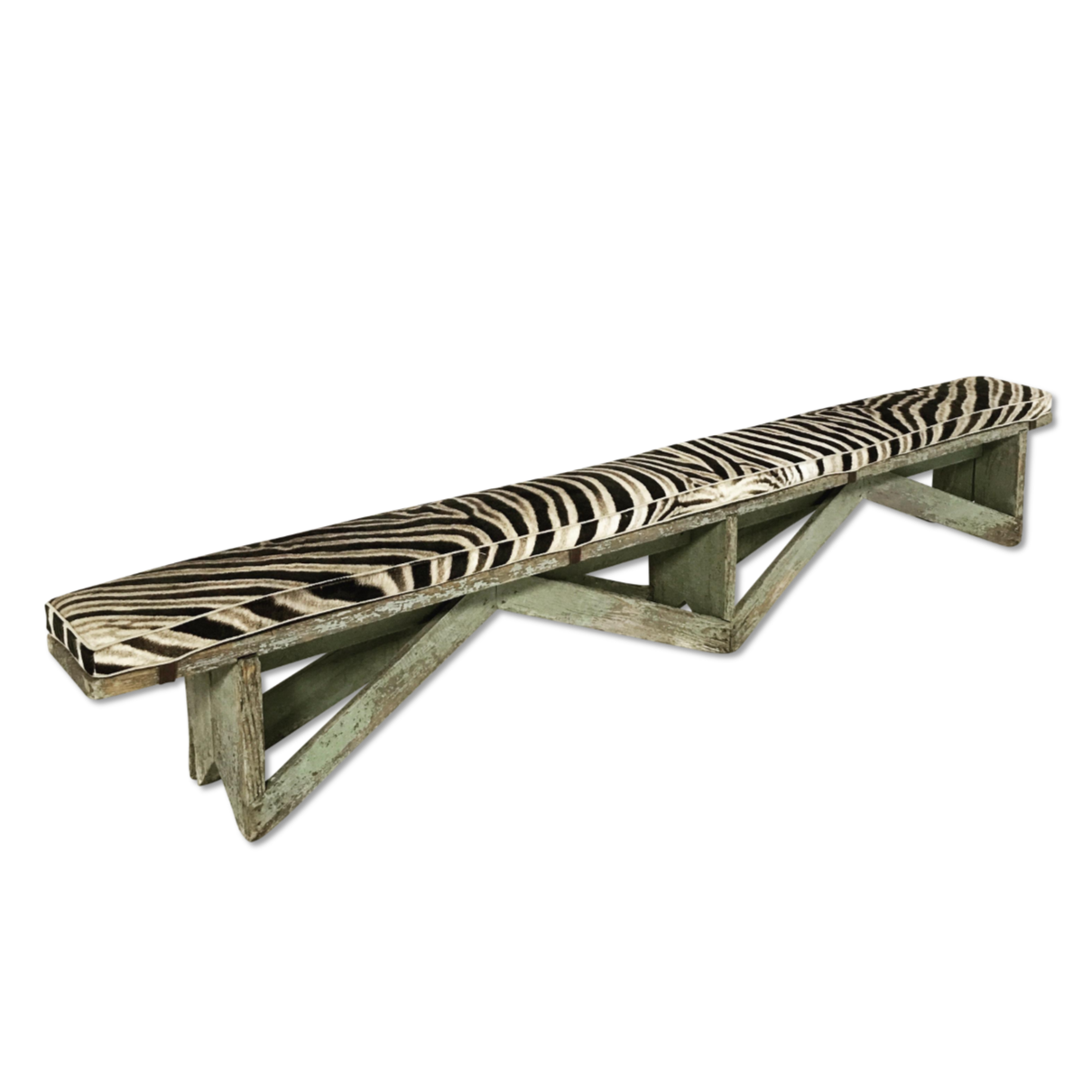 EXTRA LONG VINTAGE FARMHOUSE BENCH WITH ZEBRA CUSHION