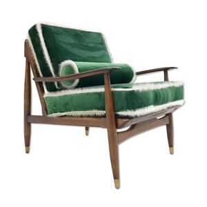 Walnut Lounge Chair Attributed to Finn Juhl in Schumacher's Emerald Green Silk Velvet and Brazilian Cowhide