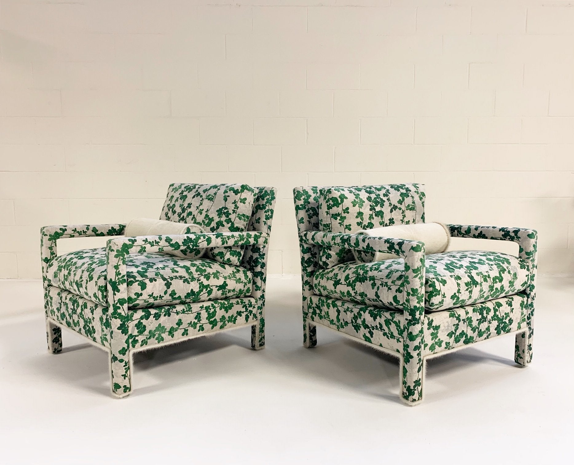 Milo Baughman Style Parsons Chairs in Stevie Howell "Brambles" with Brazilian Cowhide Welting and Bolster Pillow