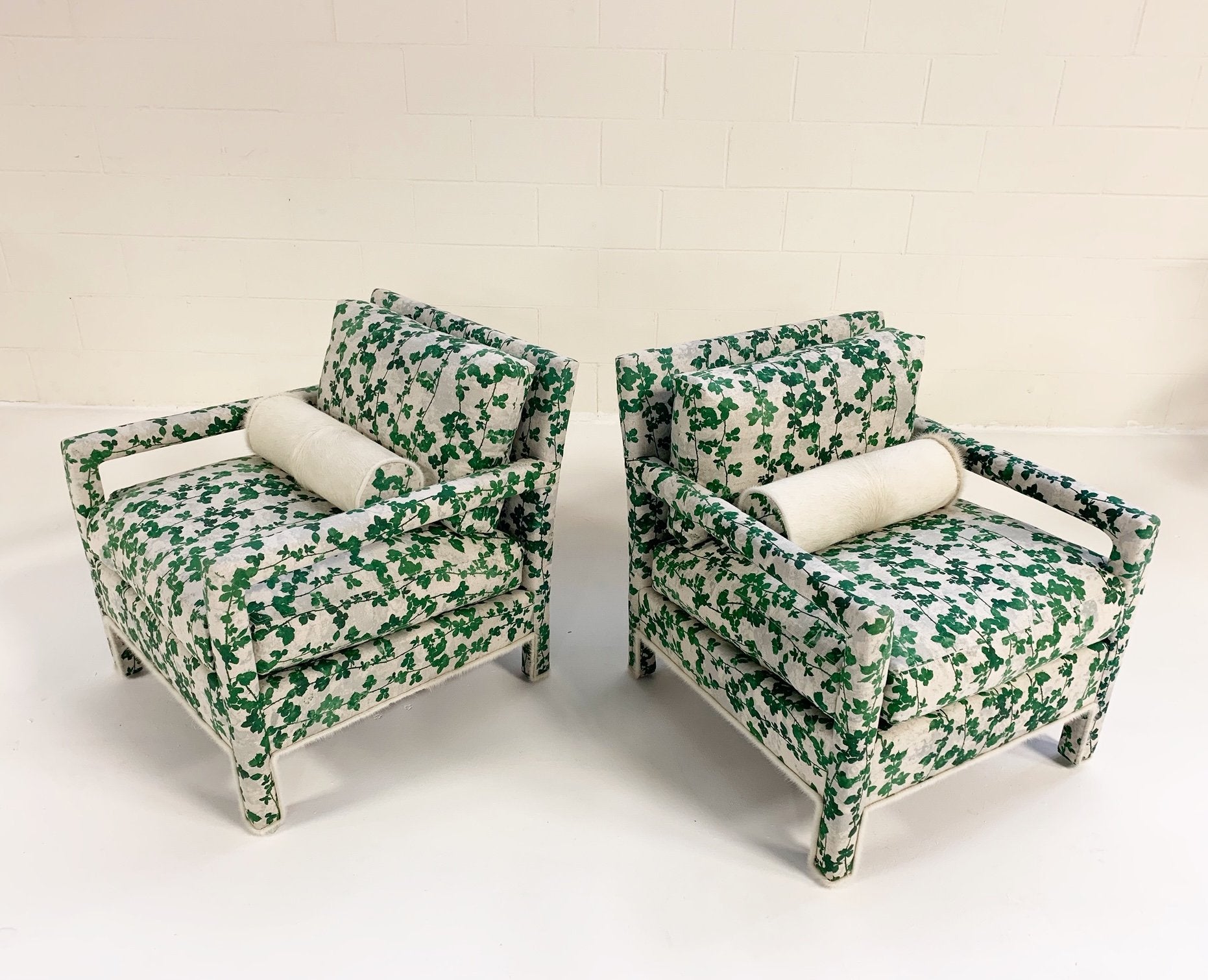 Milo Baughman Style Parsons Chairs in Stevie Howell "Brambles" with Brazilian Cowhide Welting and Bolster Pillow