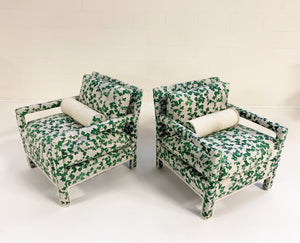 Milo Baughman Style Parsons Chairs in Stevie Howell "Brambles" with Brazilian Cowhide Welting and Bolster Pillow