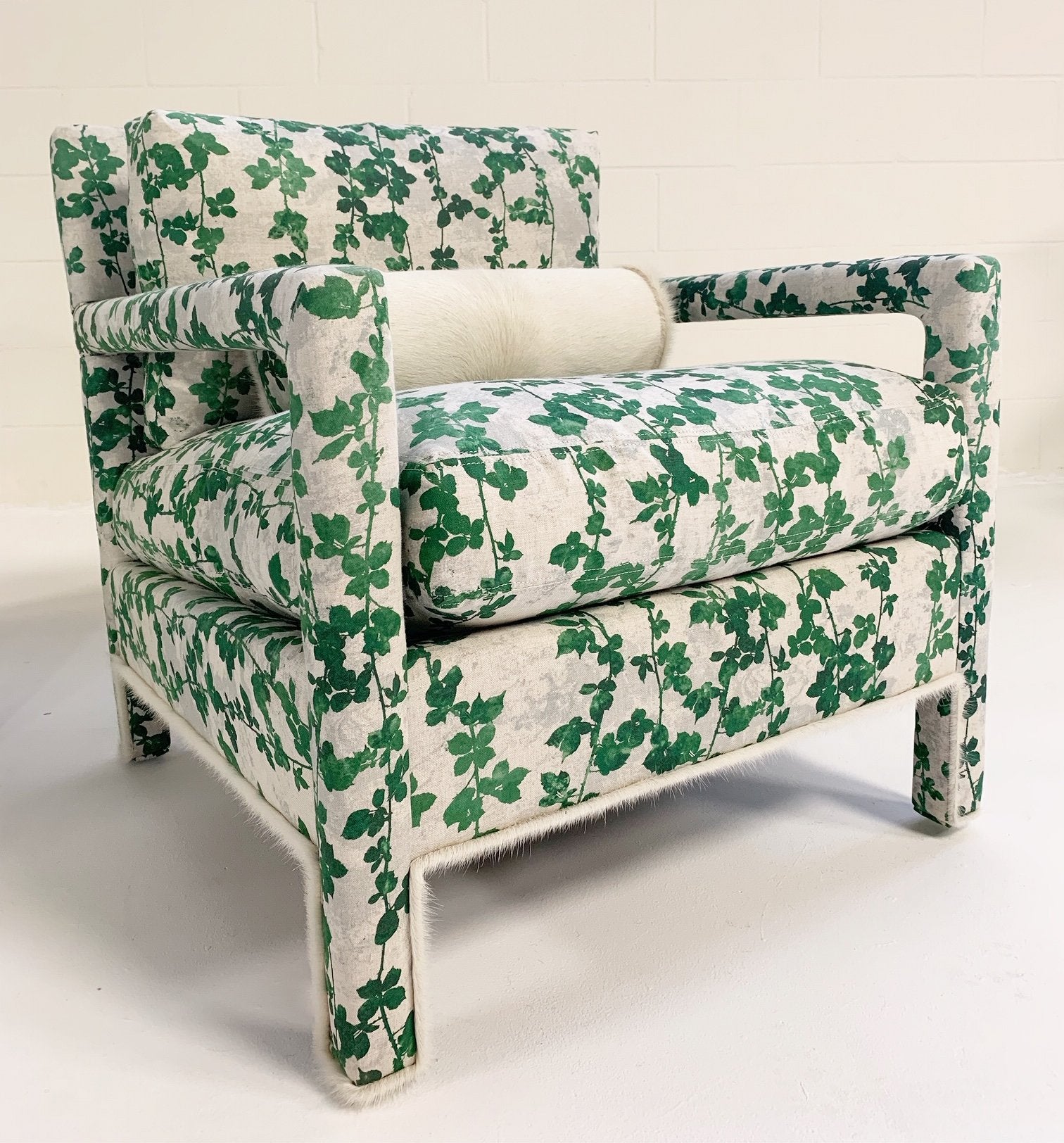 Milo Baughman Style Parsons Chairs in Stevie Howell "Brambles" with Brazilian Cowhide Welting and Bolster Pillow