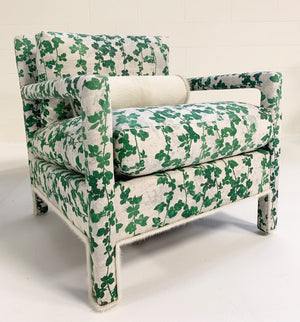 Milo Baughman Style Parsons Chairs in Stevie Howell "Brambles" with Brazilian Cowhide Welting and Bolster Pillow