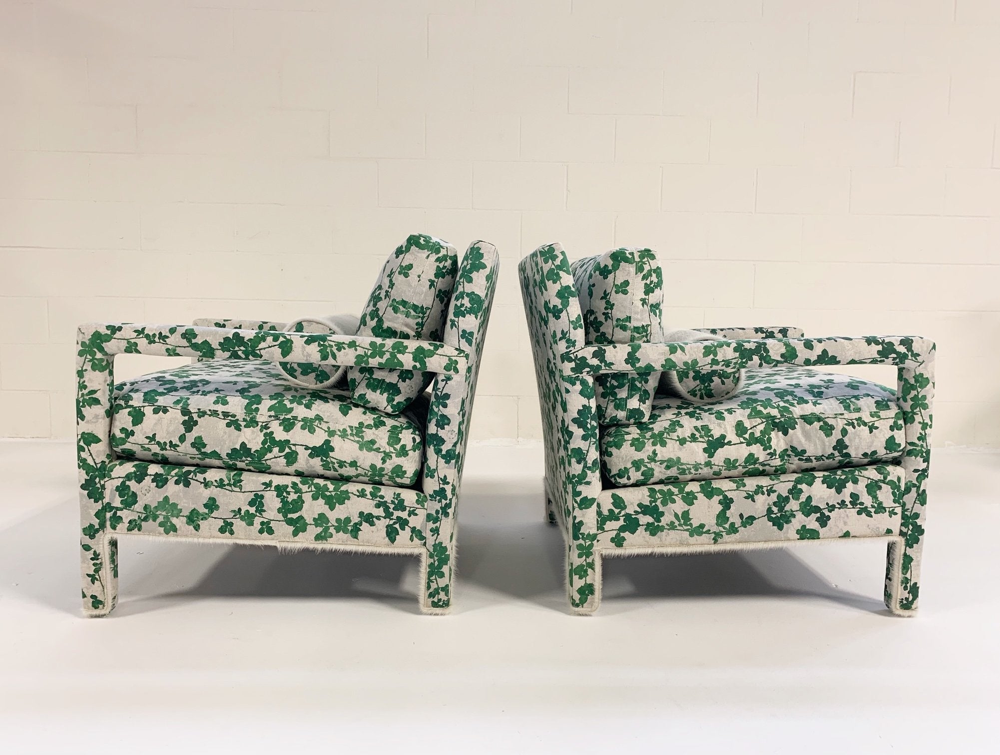 Milo Baughman Style Parsons Chairs in Stevie Howell "Brambles" with Brazilian Cowhide Welting and Bolster Pillow