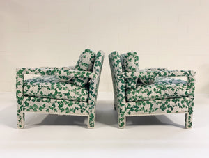 Milo Baughman Style Parsons Chairs in Stevie Howell "Brambles" with Brazilian Cowhide Welting and Bolster Pillow