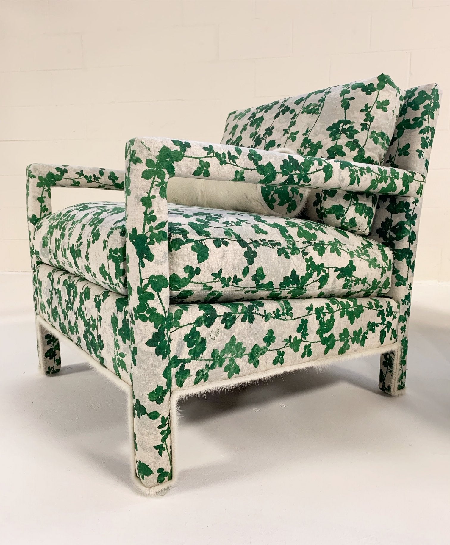 Milo Baughman Style Parsons Chairs in Stevie Howell "Brambles" with Brazilian Cowhide Welting and Bolster Pillow