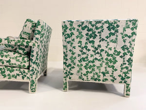 Milo Baughman Style Parsons Chairs in Stevie Howell "Brambles" with Brazilian Cowhide Welting and Bolster Pillow