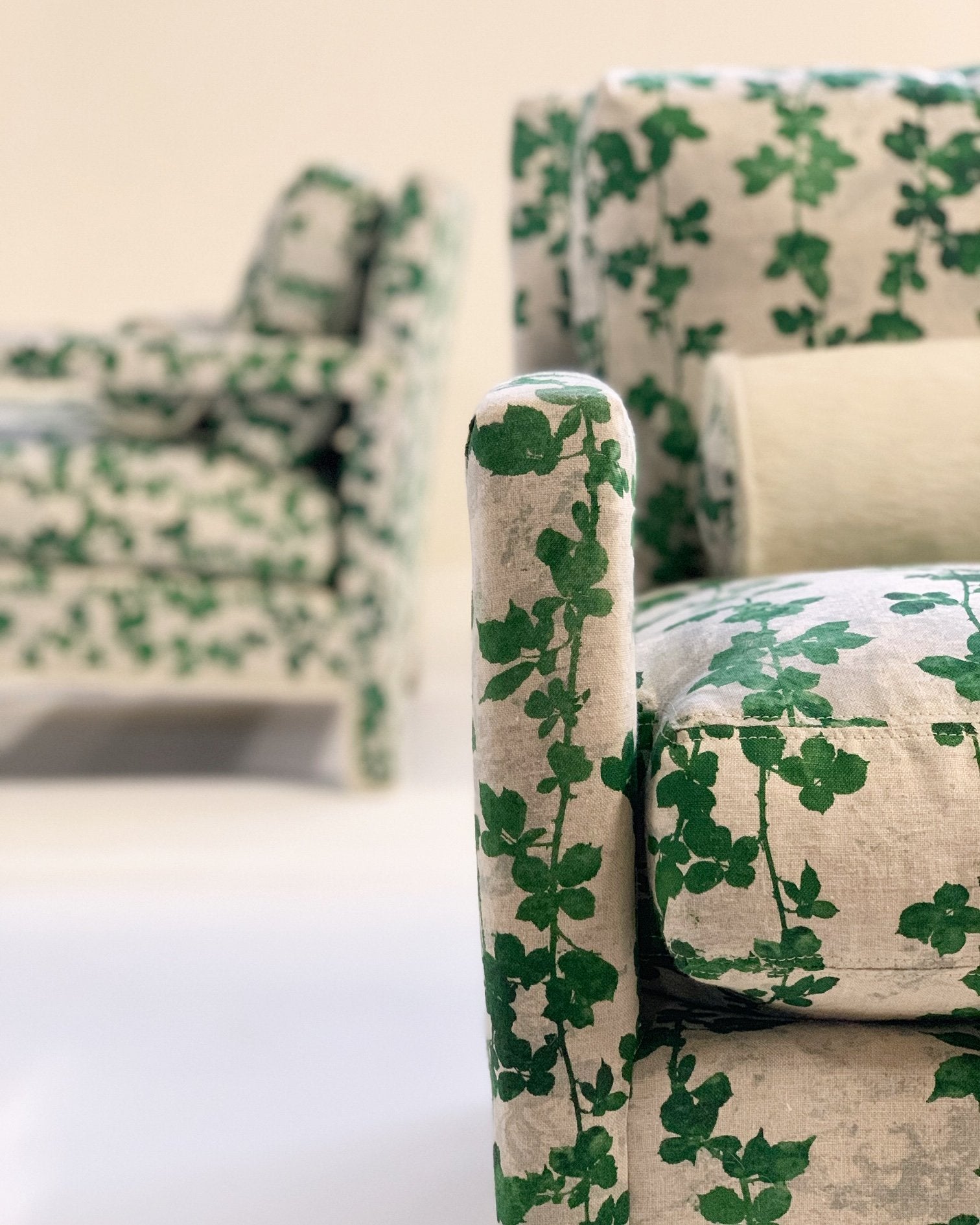 Milo Baughman Style Parsons Chairs in Stevie Howell "Brambles" with Brazilian Cowhide Welting and Bolster Pillow