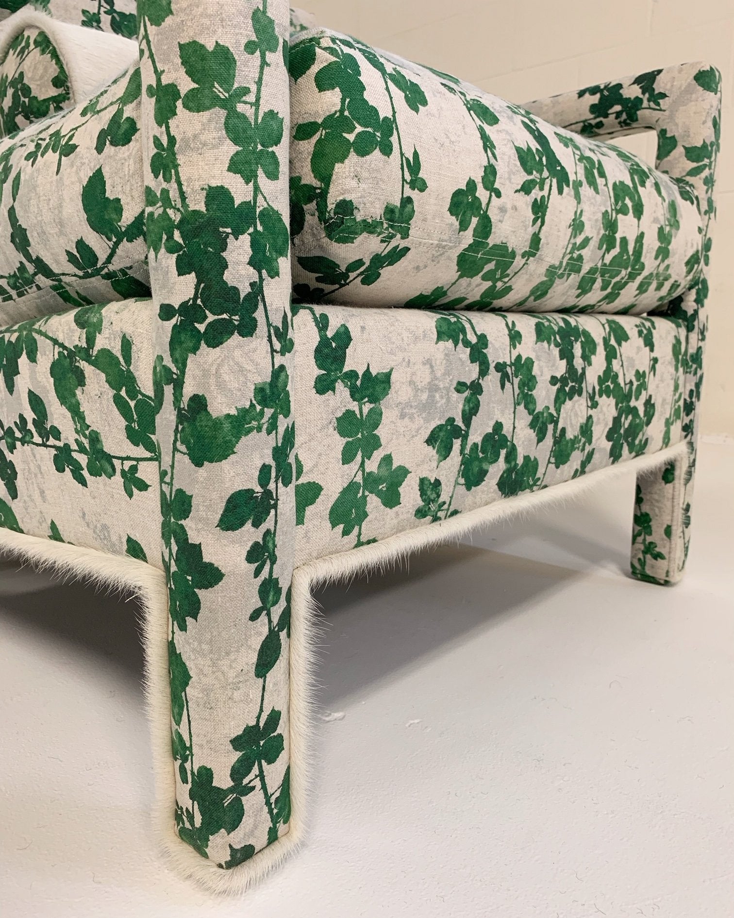 Milo Baughman Style Parsons Chairs in Stevie Howell "Brambles" with Brazilian Cowhide Welting and Bolster Pillow
