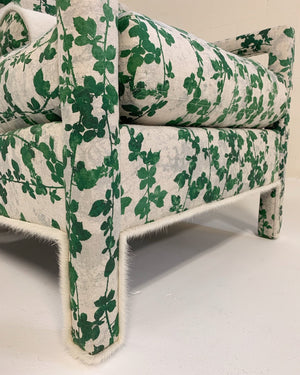 Milo Baughman Style Parsons Chairs in Stevie Howell "Brambles" with Brazilian Cowhide Welting and Bolster Pillow