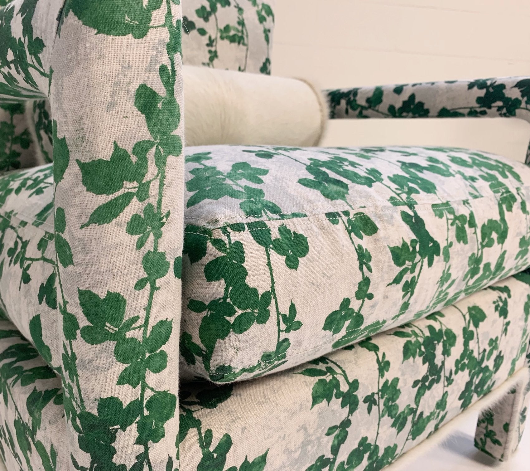 Milo Baughman Style Parsons Chairs in Stevie Howell "Brambles" with Brazilian Cowhide Welting and Bolster Pillow