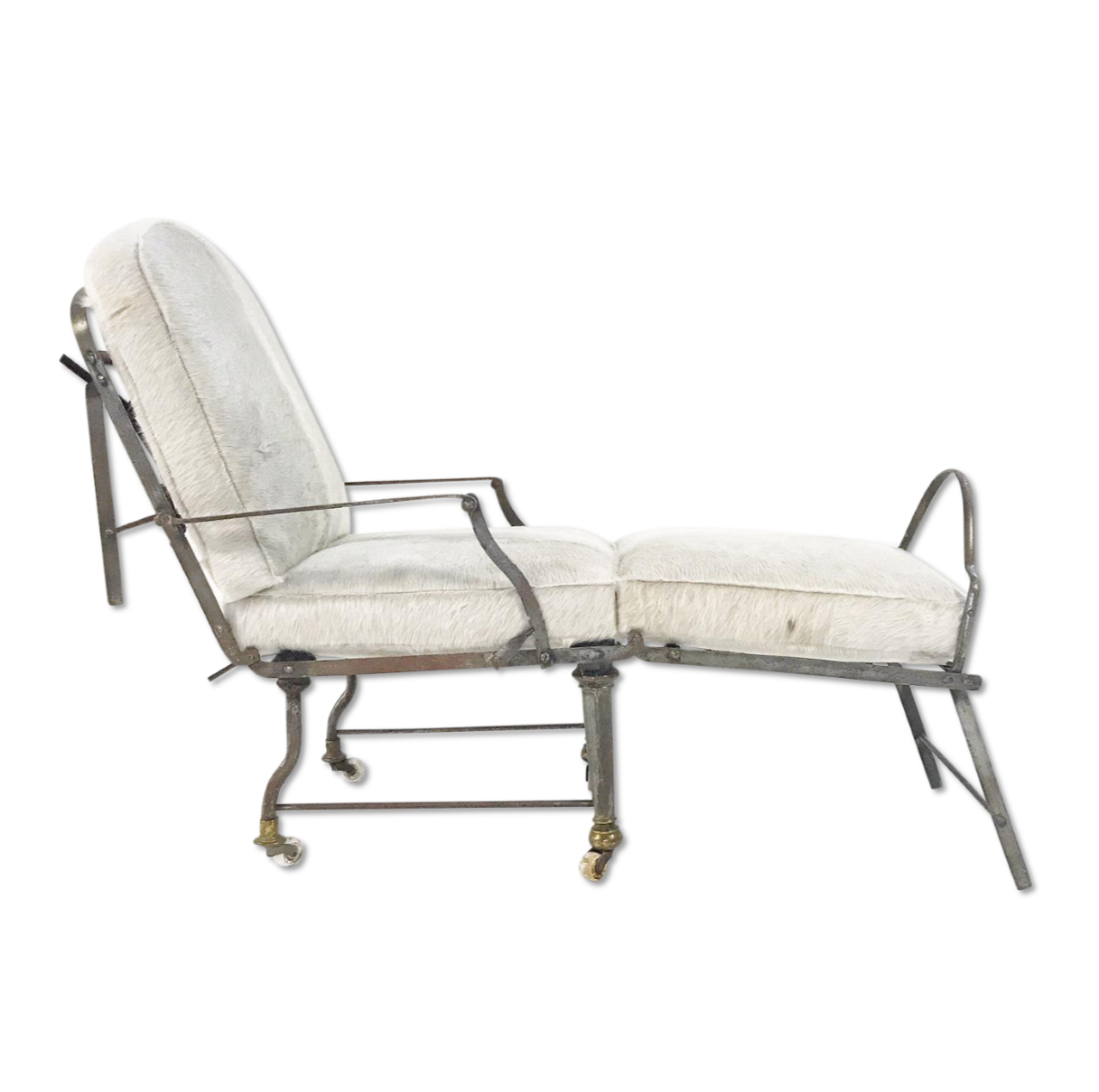 Antique French Metal Campaign Chaise Chair with Brazilian Cowhide Cushions