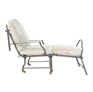 Antique French Metal Campaign Chaise Chair with Brazilian Cowhide Cushions