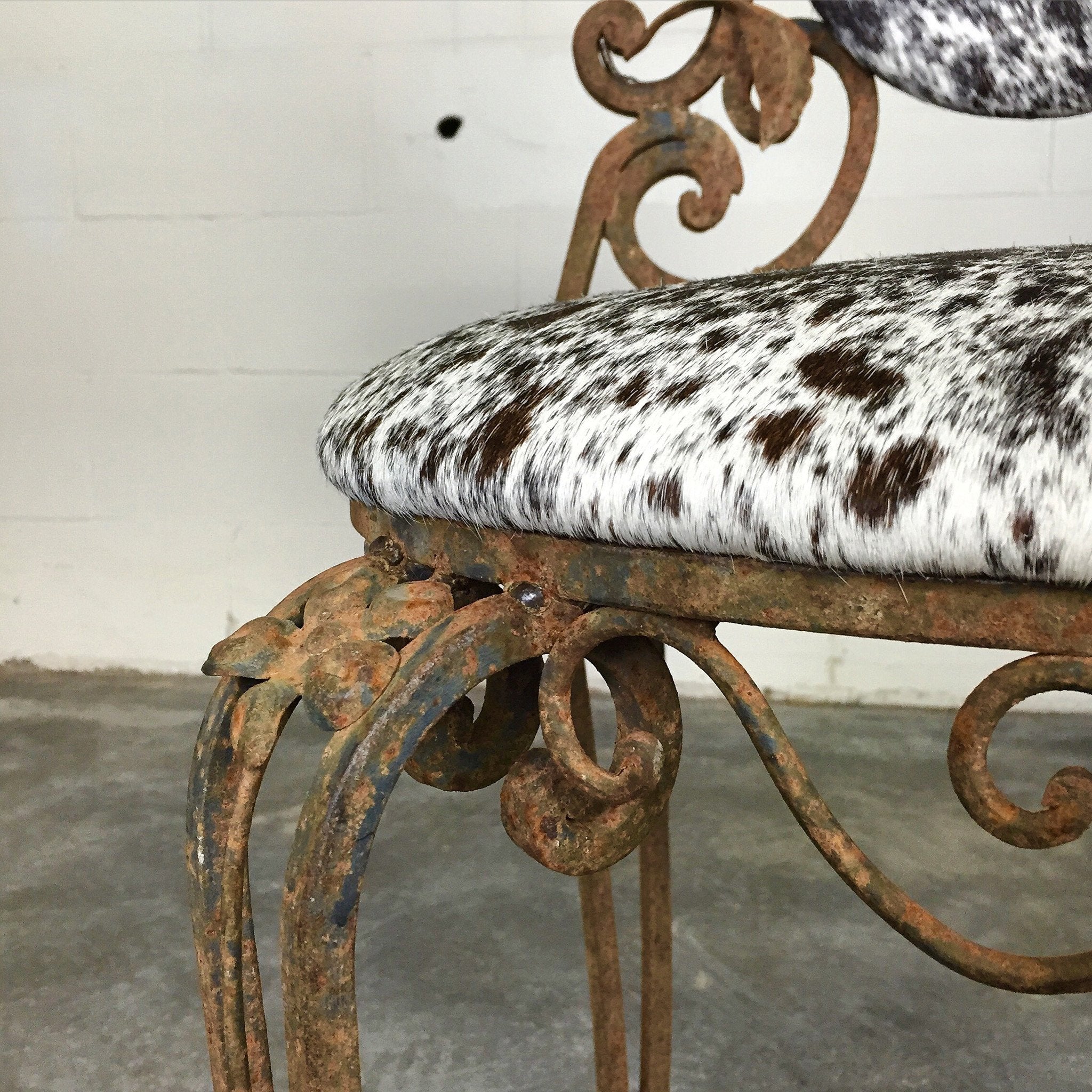 Iron Garden Chairs in Speckled Brazilian Cowhide