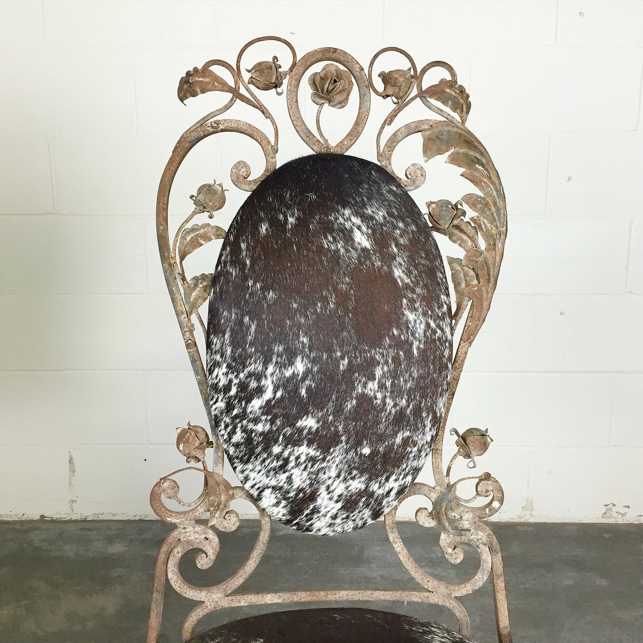 Iron Garden Chairs in Speckled Brazilian Cowhide