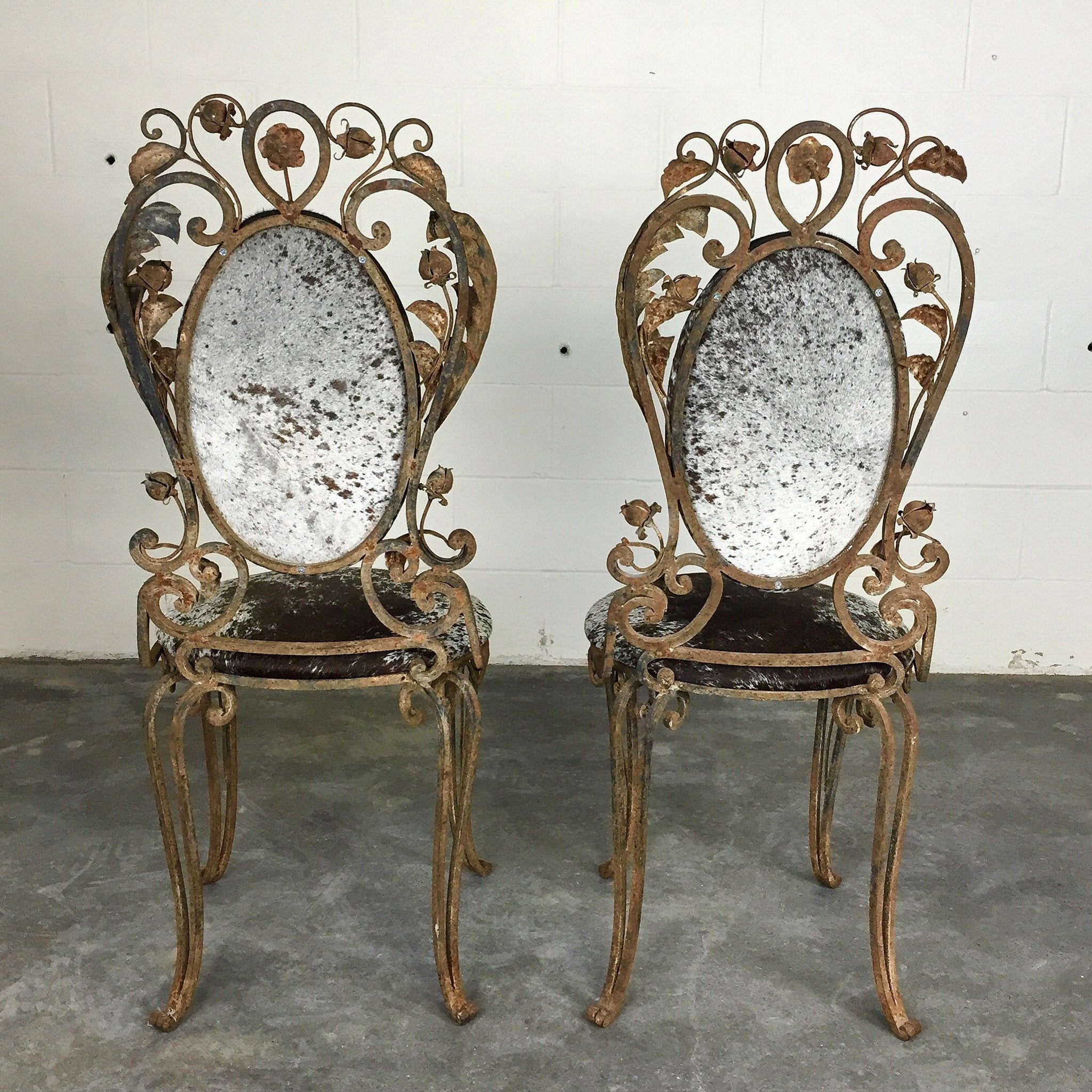 Iron Garden Chairs in Speckled Brazilian Cowhide