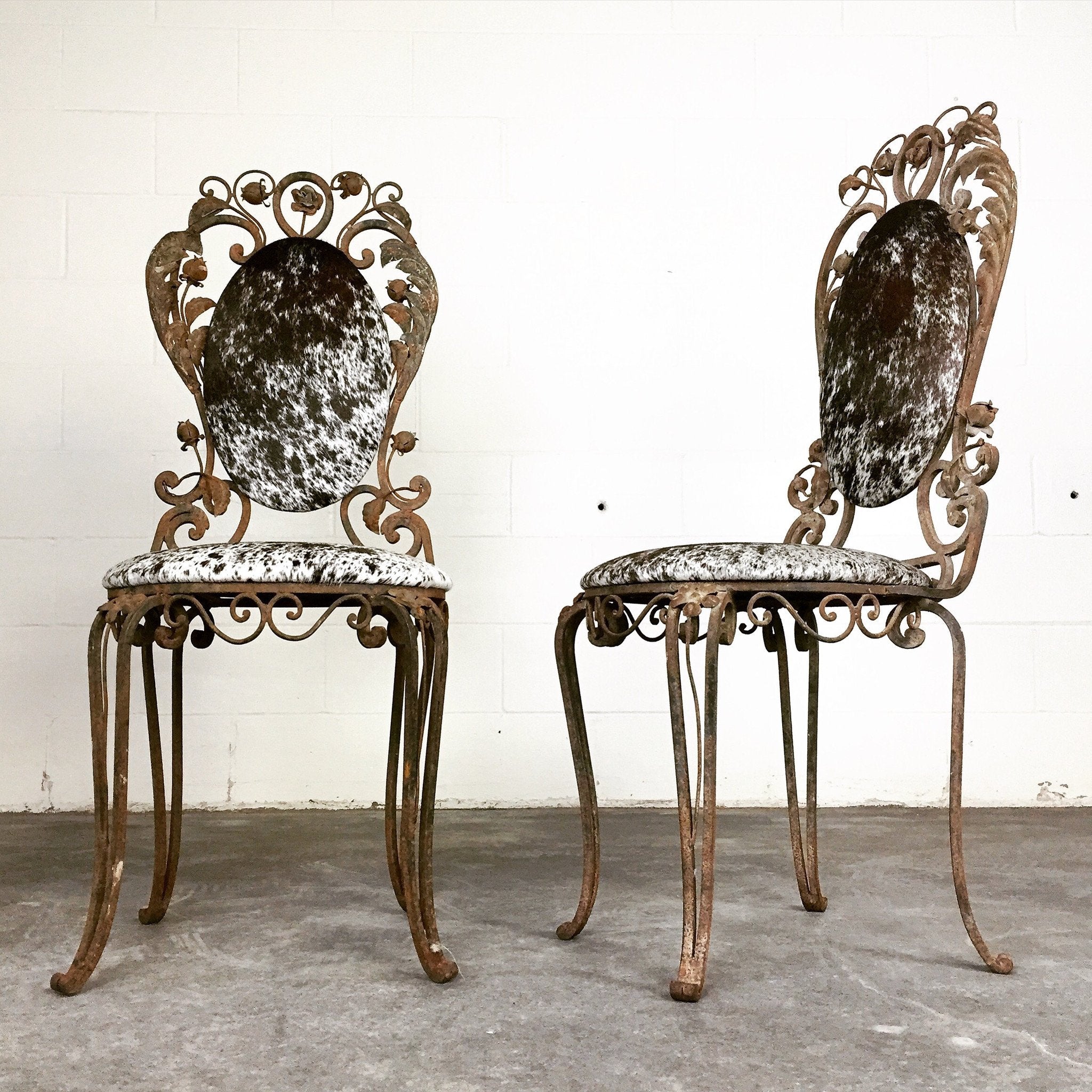 Iron Garden Chairs in Speckled Brazilian Cowhide