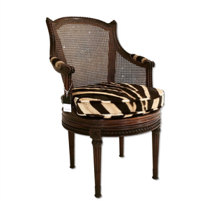 18th Century G. Jacob Mahogany & Cane Bergere Swivel Chair in Zebra Hide
