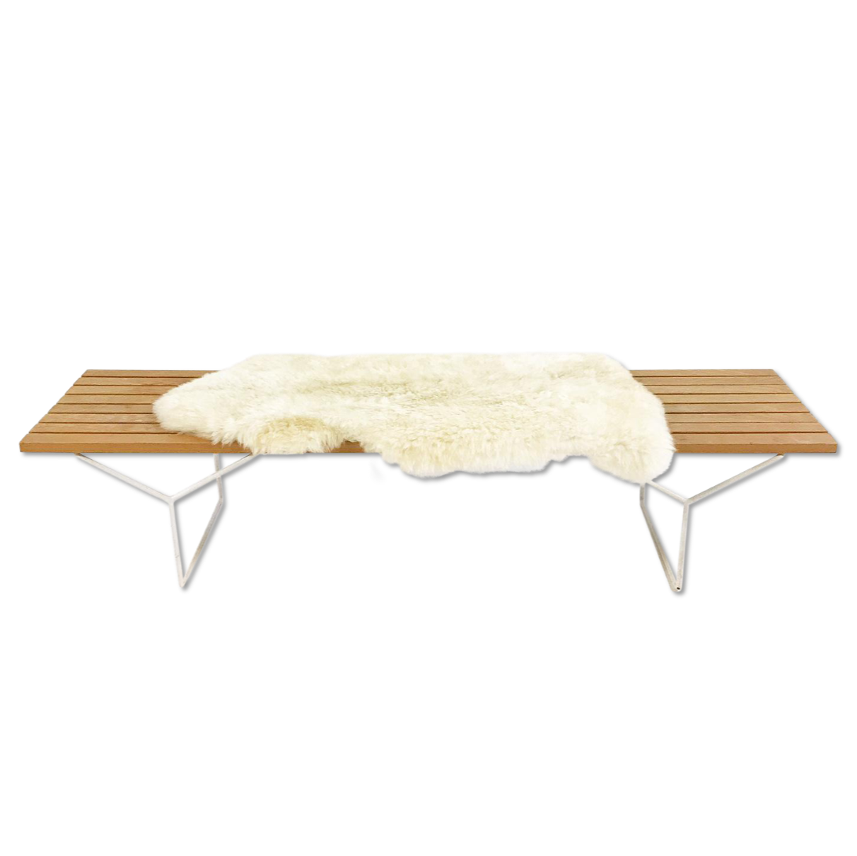 Early Harry Bertoia for Knoll Slat Bench, Model Number 400 with Brazilian Sheepskin