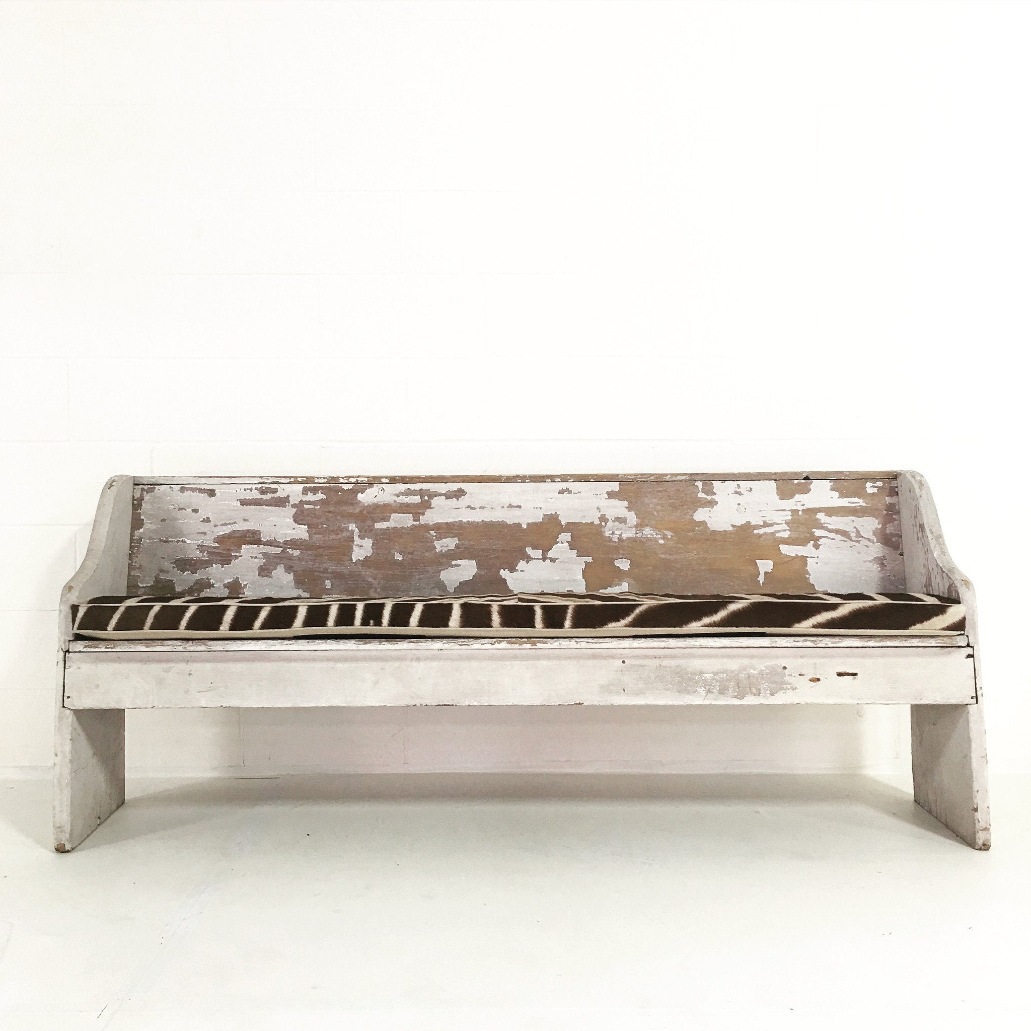 EARLY CHURCH PEW BENCH with Zebra Hide Cushion