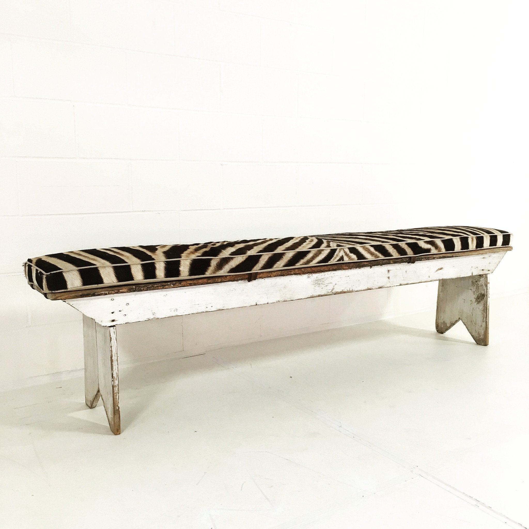 VINTAGE FARMHOUSE BENCH WITH ZEBRA HIDE CUSHION NO.1