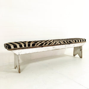 VINTAGE FARMHOUSE BENCH WITH ZEBRA HIDE CUSHION NO.1