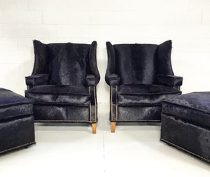 Wingback Chairs in Natural Black Brazilian Cowhide