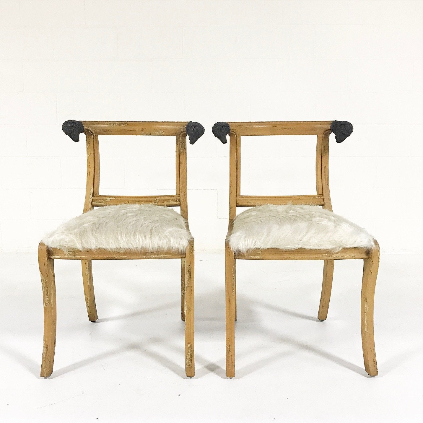 Pair of French Side Chairs with Ram Heads in Ivory Cowhide