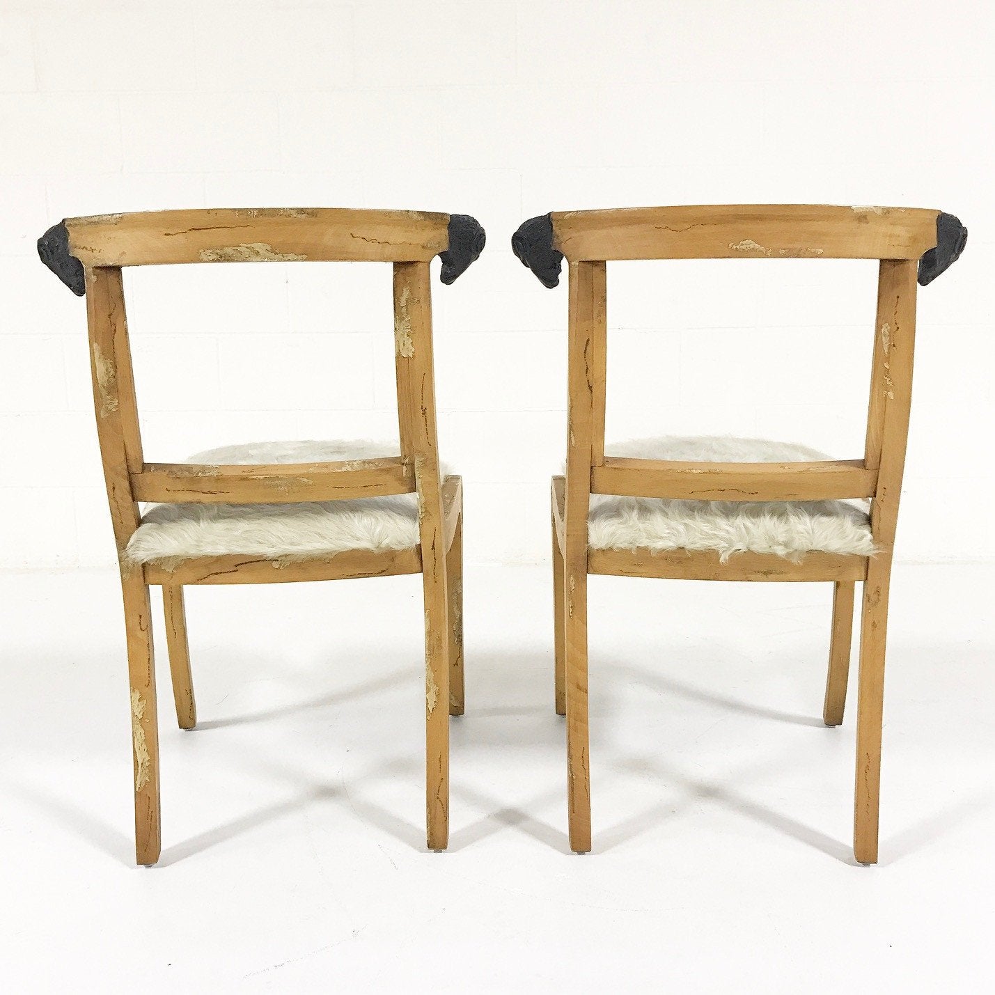 Pair of French Side Chairs with Ram Heads in Ivory Cowhide