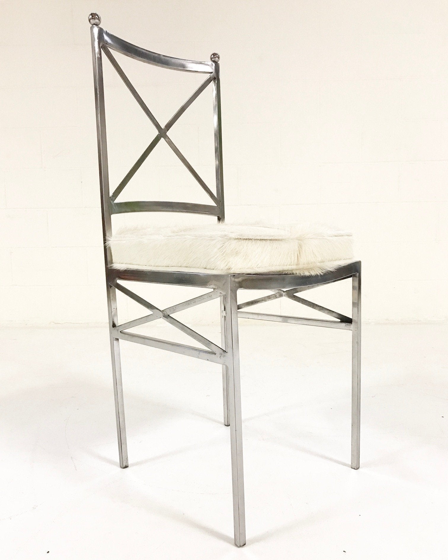 Midcentury Swedish Polished Steel Dining Chairs with Ivory Cowhide Cushions - Set of 10