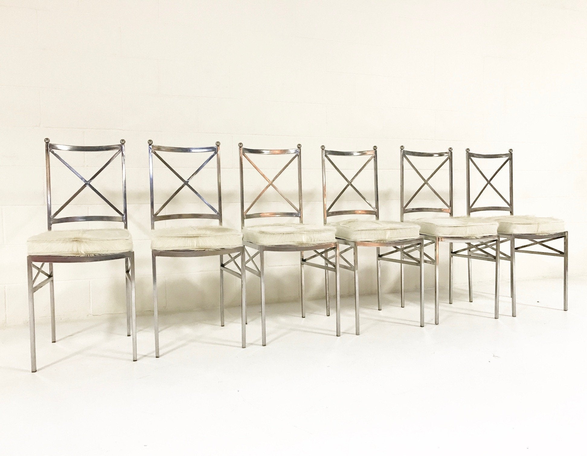 Midcentury Swedish Polished Steel Dining Chairs with Ivory Cowhide Cushions - Set of 10