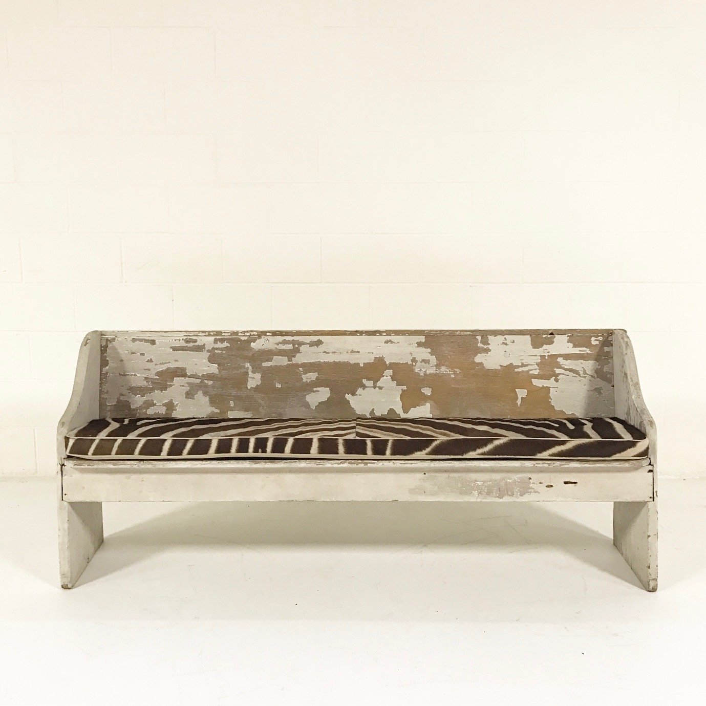 EARLY CHURCH PEW BENCH with Zebra Hide Cushion