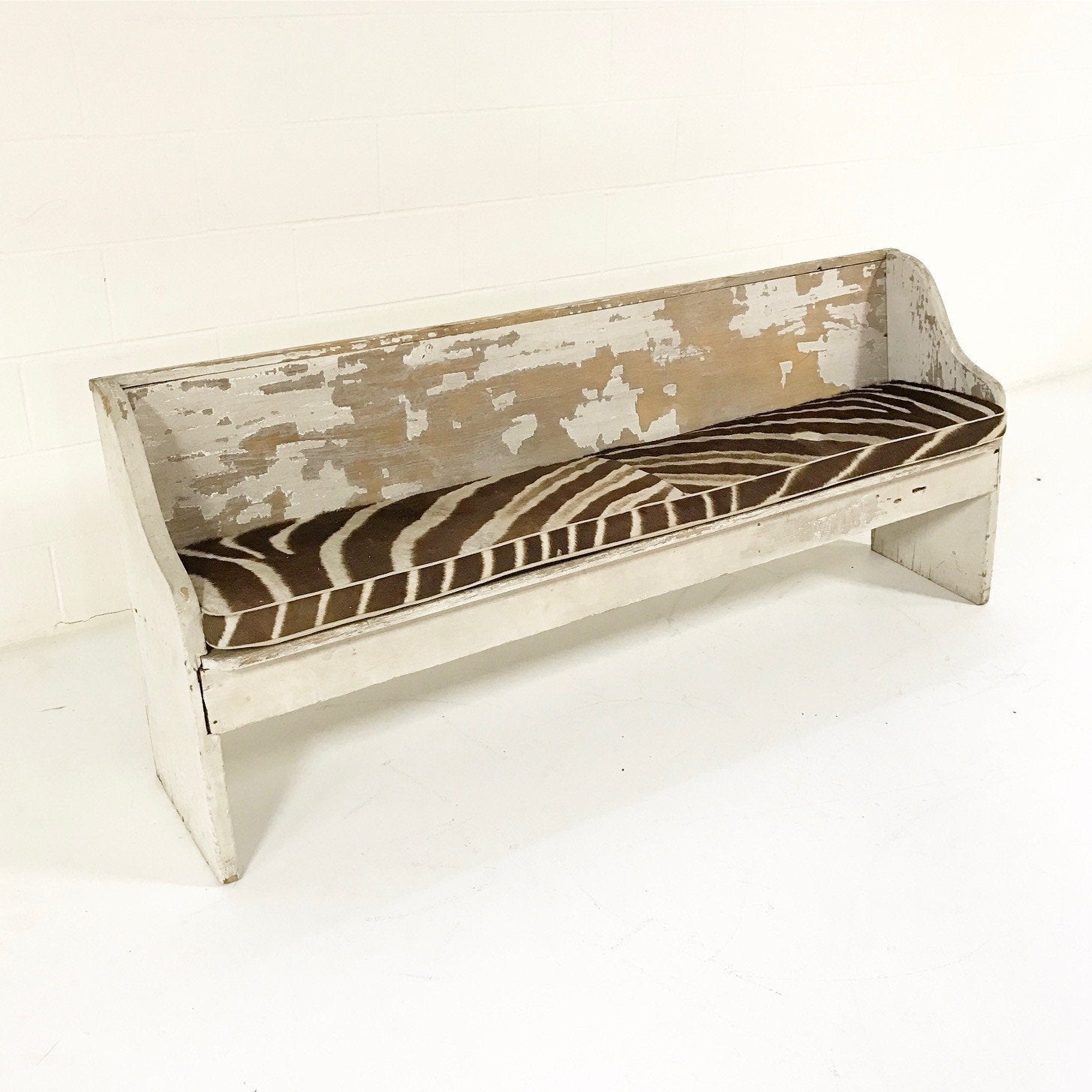 EARLY CHURCH PEW BENCH with Zebra Hide Cushion