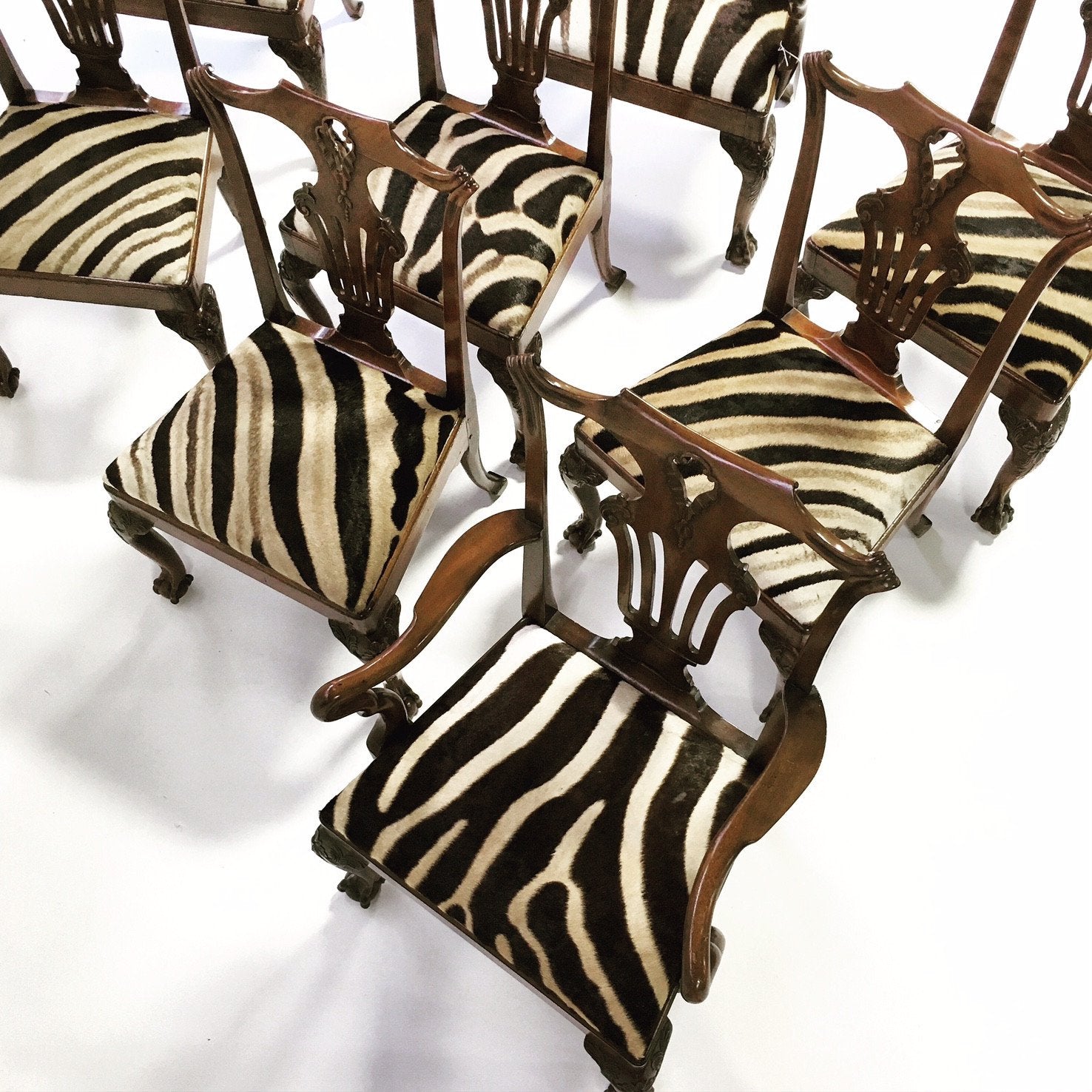 George II Walnut Dining Chairs in South African Zebra Hide - Set of 8