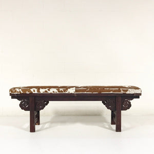 VINTAGE CHINESE BENCH WITH DOUBLE-SIDED CARVING AND BROWN AND WHITE COWHIDE CUSHION NO.19