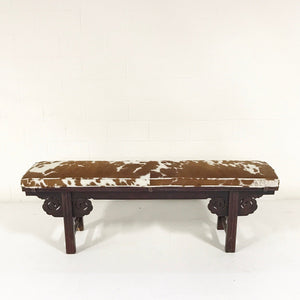 VINTAGE CHINESE BENCH WITH DOUBLE-SIDED CARVING AND BROWN AND WHITE COWHIDE CUSHION NO.19
